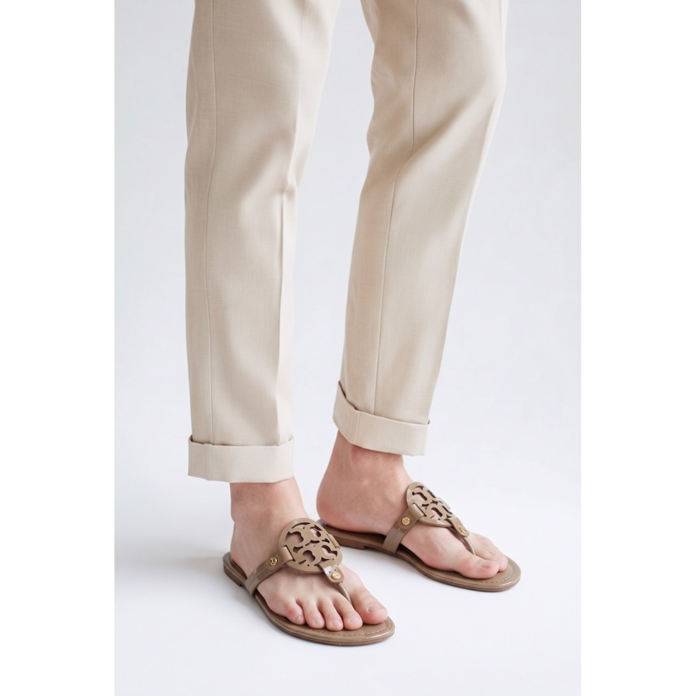 Tory Burch Millerâ Sandals Womens Sand Beige Patent Leather Logo Thong Flats